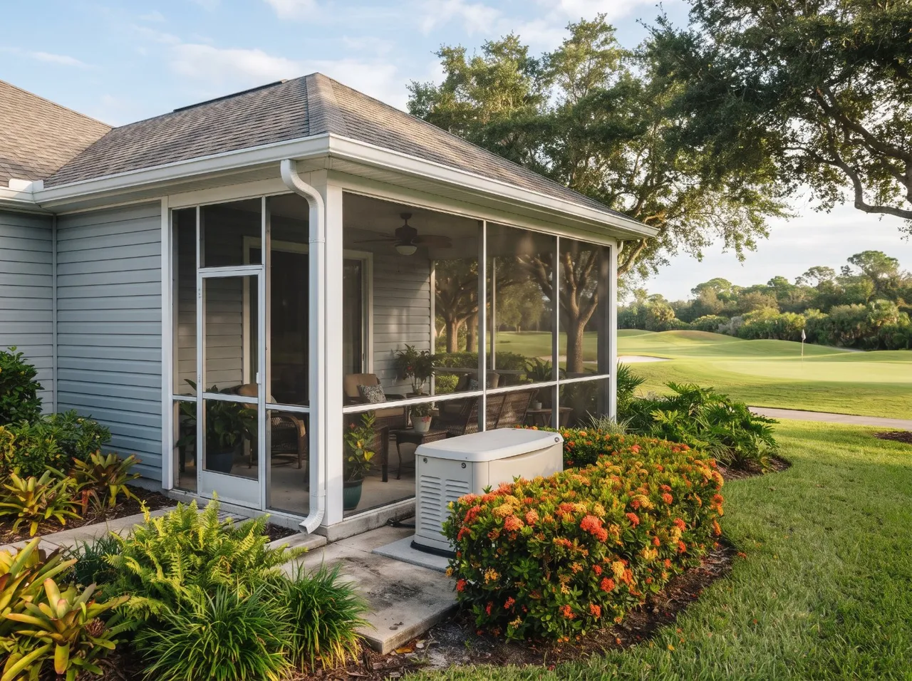 A patio villa with a standby generator at the rear corner beside a golf course