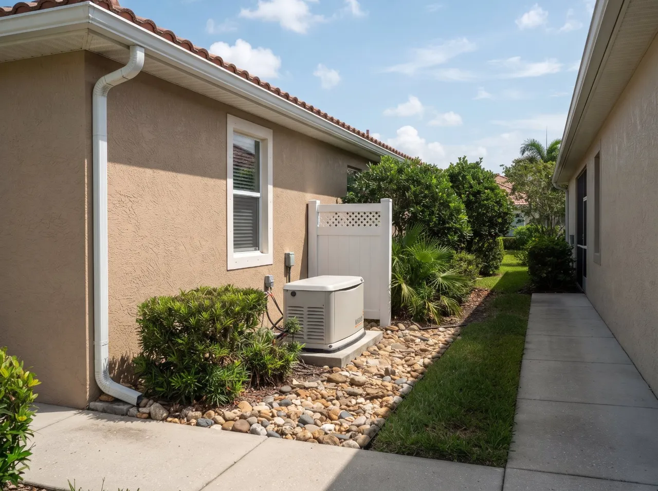 A standby generator tucked behind landscaping beside a courtyard villa