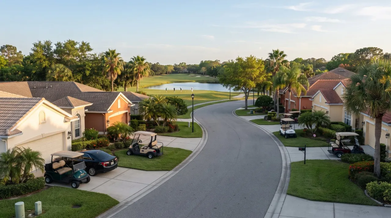 A quiet street of single-story homes beside a golf course in Central Florida