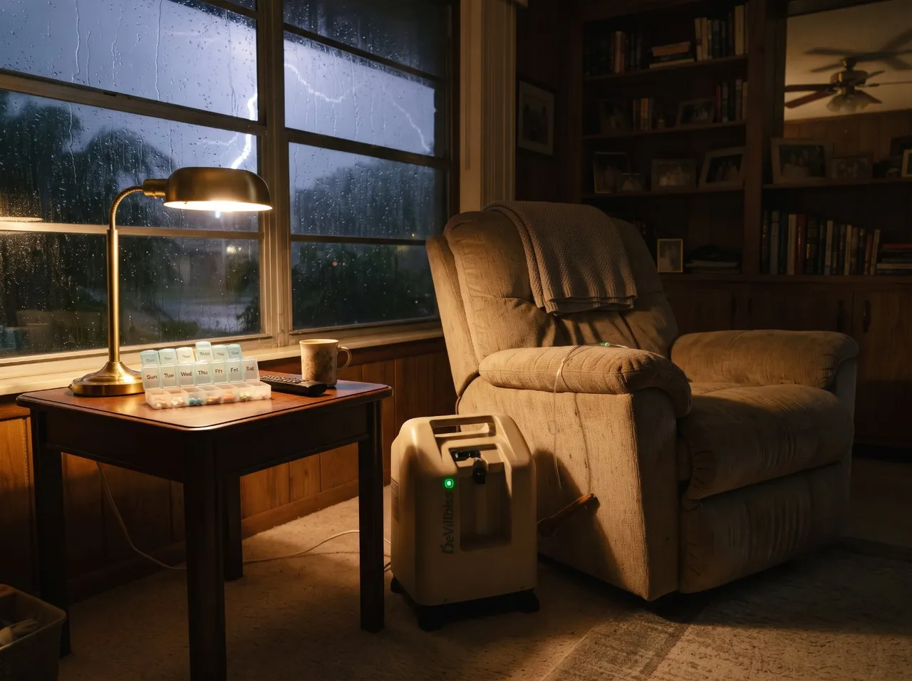 A home oxygen concentrator running beside a recliner with a lamp on during an outage