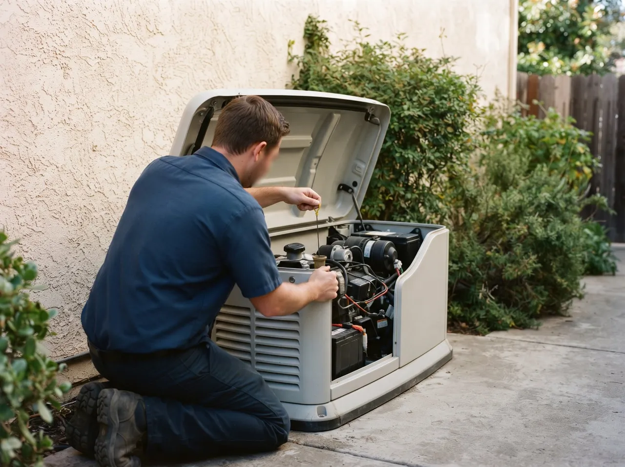 A technician checking the oil on an open standby generator
