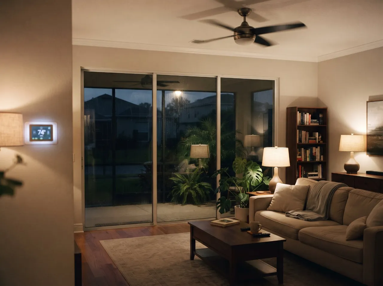 A living room with lamps and ceiling fan on while the homes outside are dark after a storm
