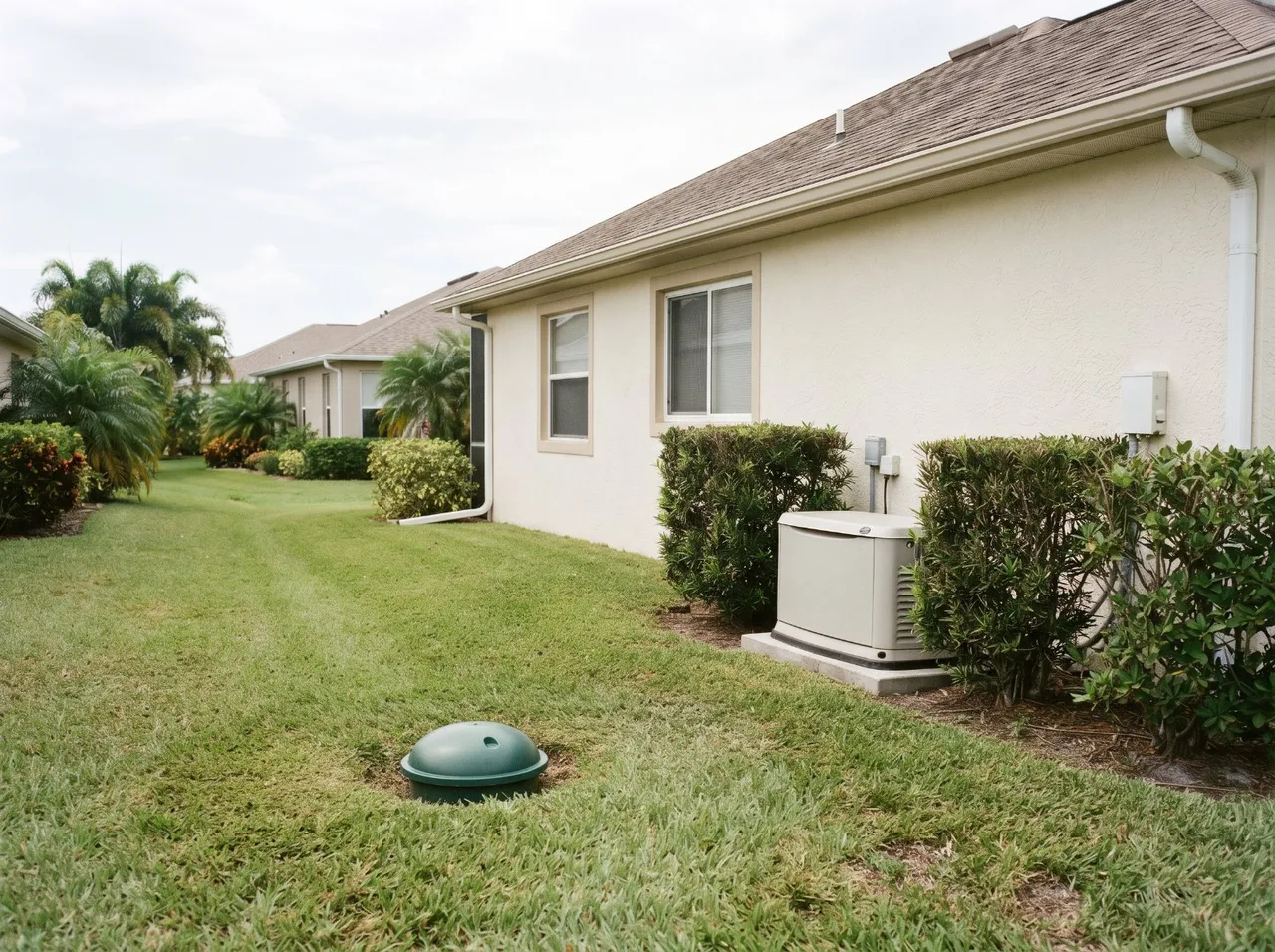 The lid of a buried propane tank in a side lawn near a standby generator