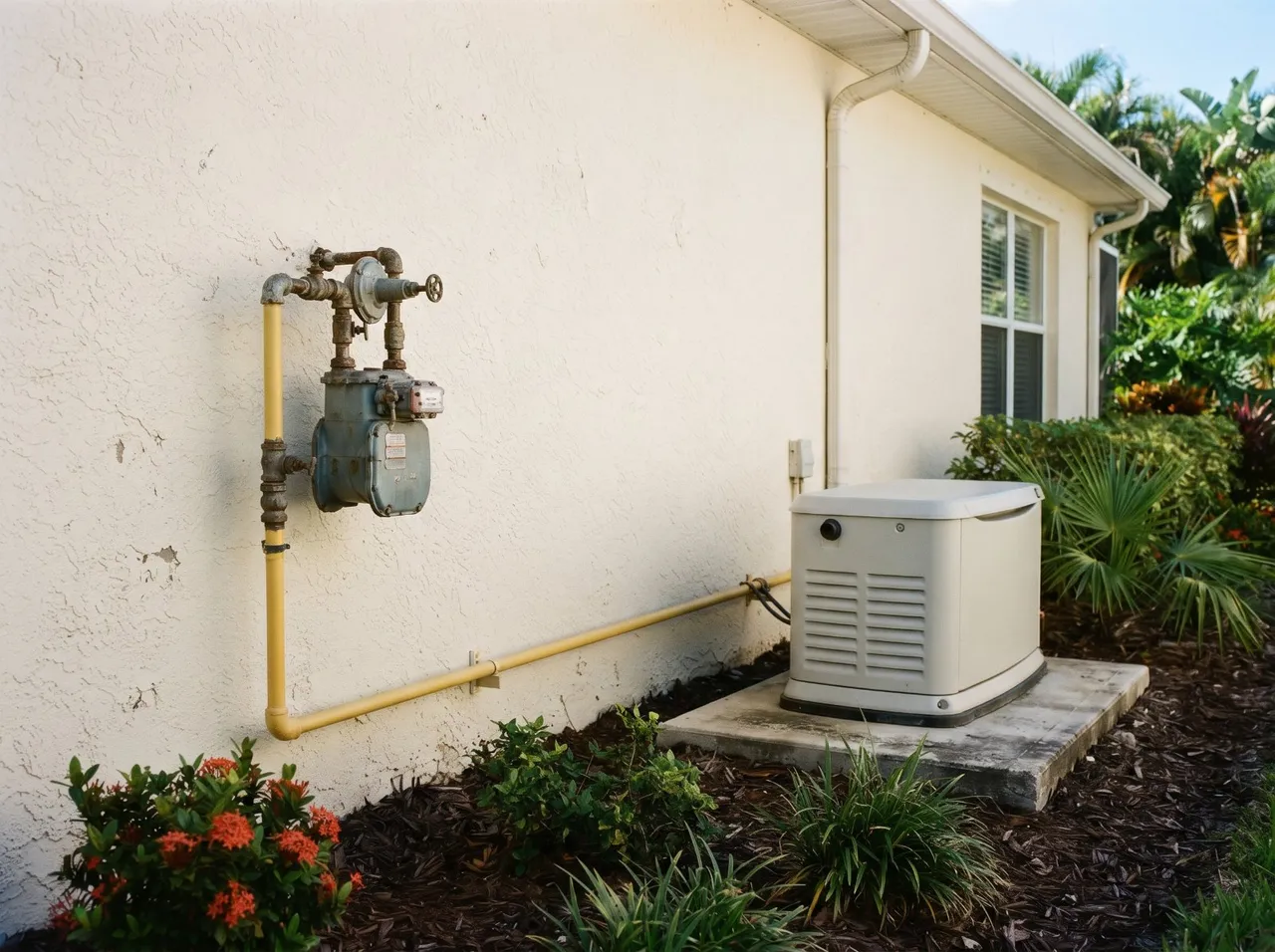 A natural gas meter on a stucco wall with a line running to a standby generator