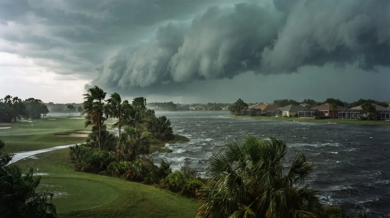 Dark storm clouds over a lake and golf course in Central Florida