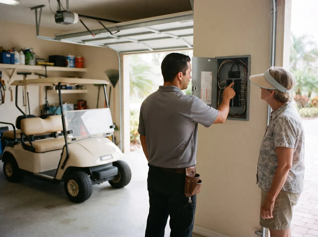 An installer and homeowner looking at an electrical panel in a garage during a free estimate