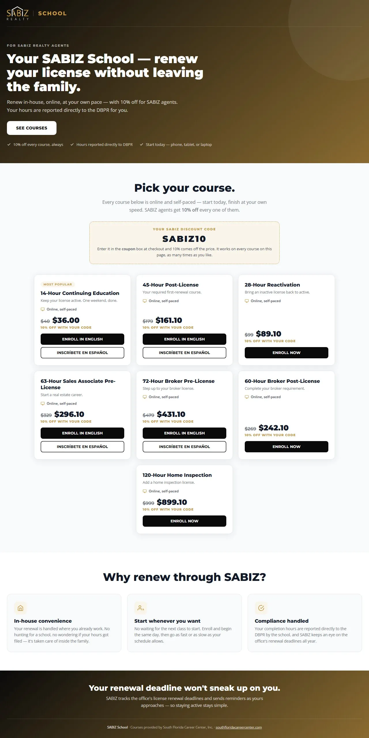 SABIZ Realty's live school page, built in the Broker Program