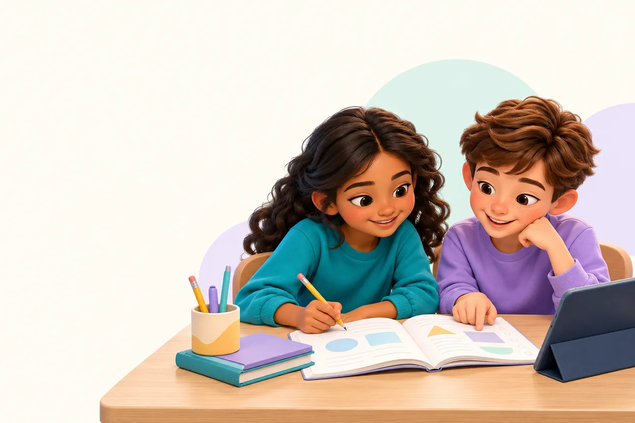 Two children practising with a workbook and tablet.