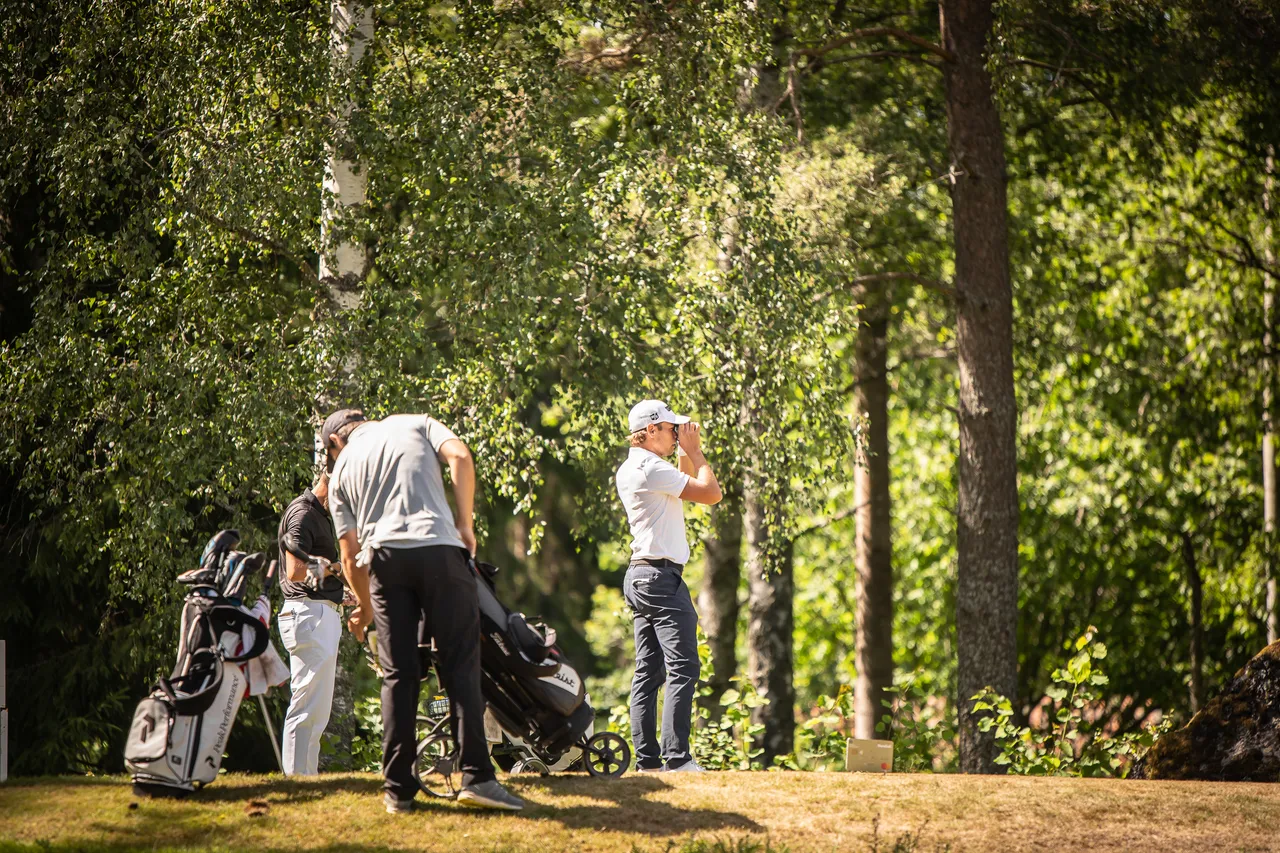 Golfare med golfbagar vid en utslagsplats i skogsbrynet