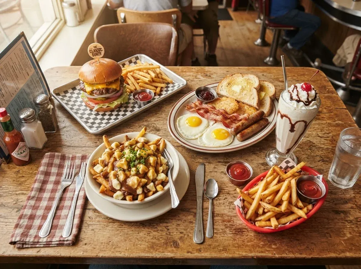 Overhead spread of diner favourites — TEMP-REPLACE