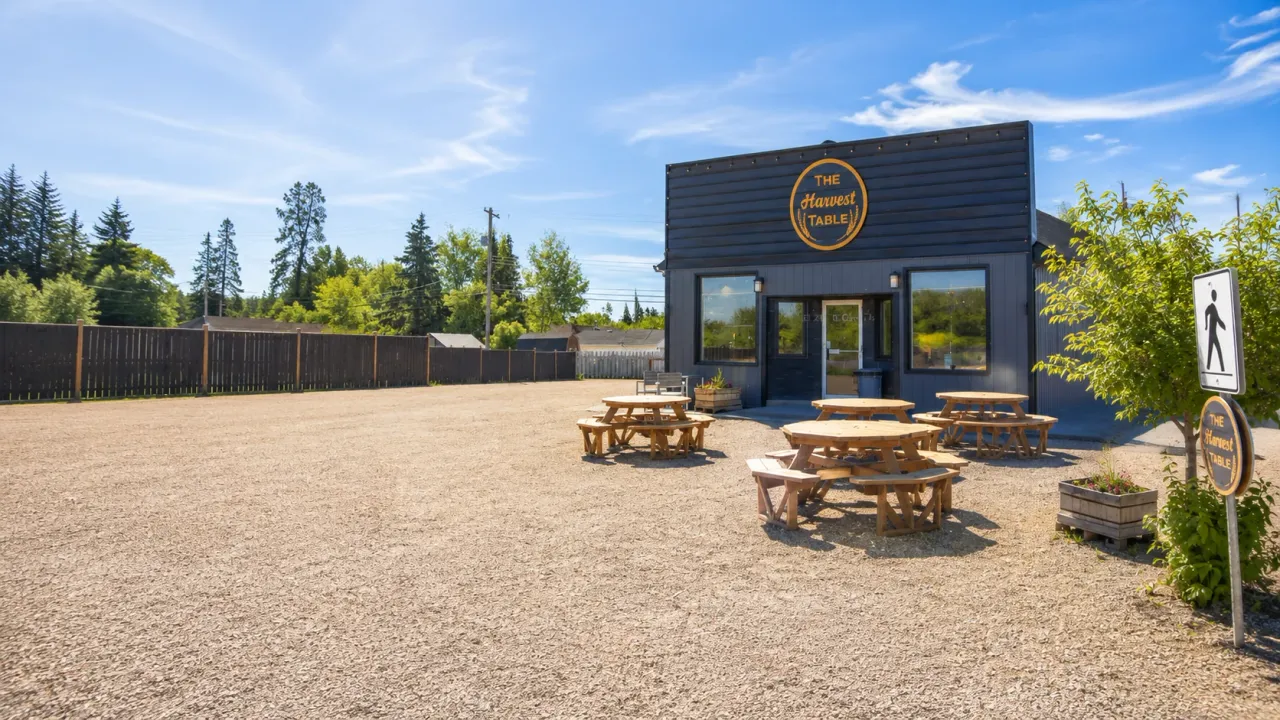 The Harvest Table exterior storefront and patio seating on River Road in Fort Vermilion
