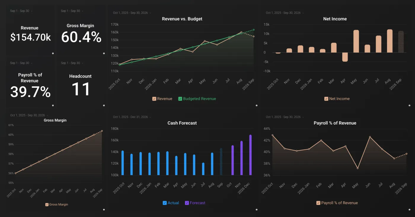 Sample growing business dashboard showing revenue versus plan and growth trends (illustrative numbers)
