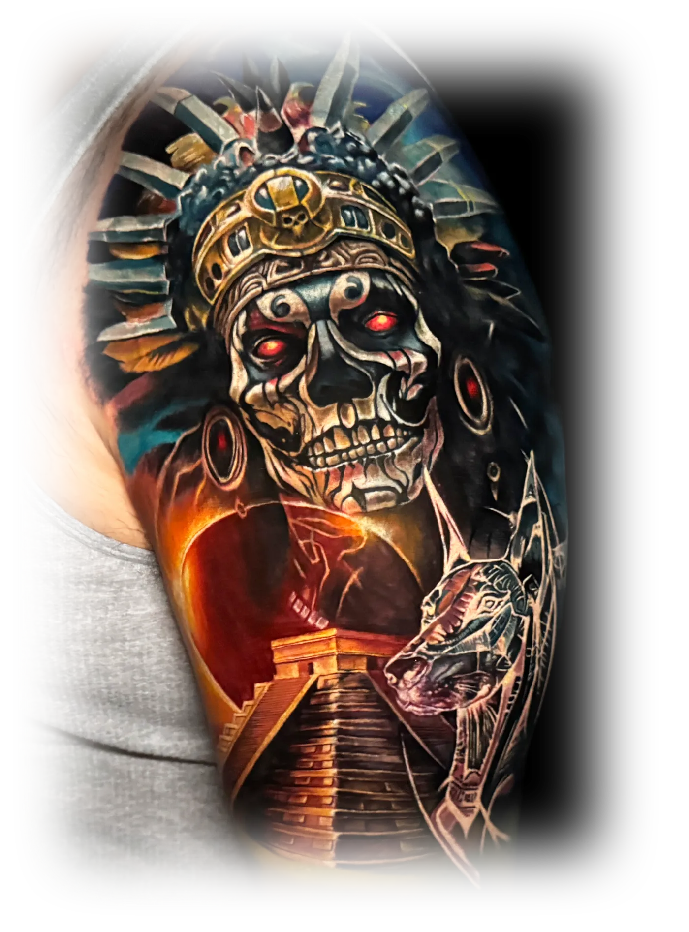 Color Aztec skull shoulder tattoo by Noelin Wheeler