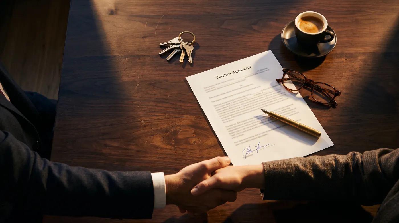 A closing table with a signed agreement, a brass pen and office keys
