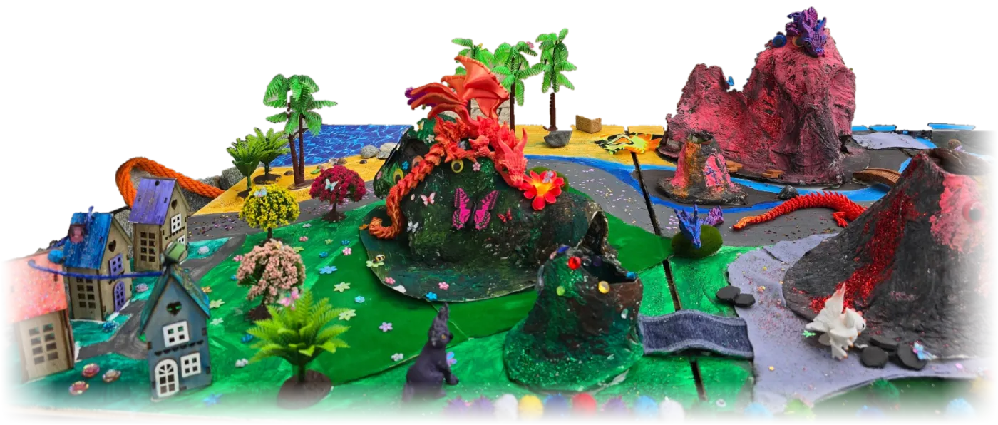 Das grosse Drachenland mit Vulkanen, Palmen, Drachen und kleinen Häusern