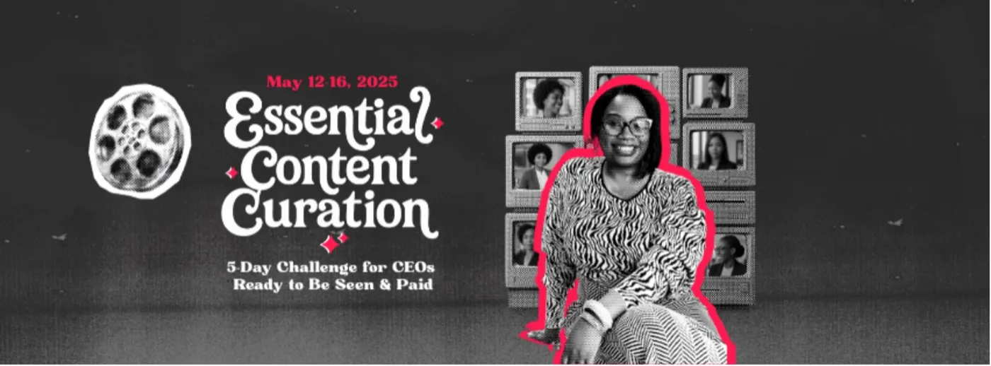 Essential Content Curation event banner, dark version with host photo