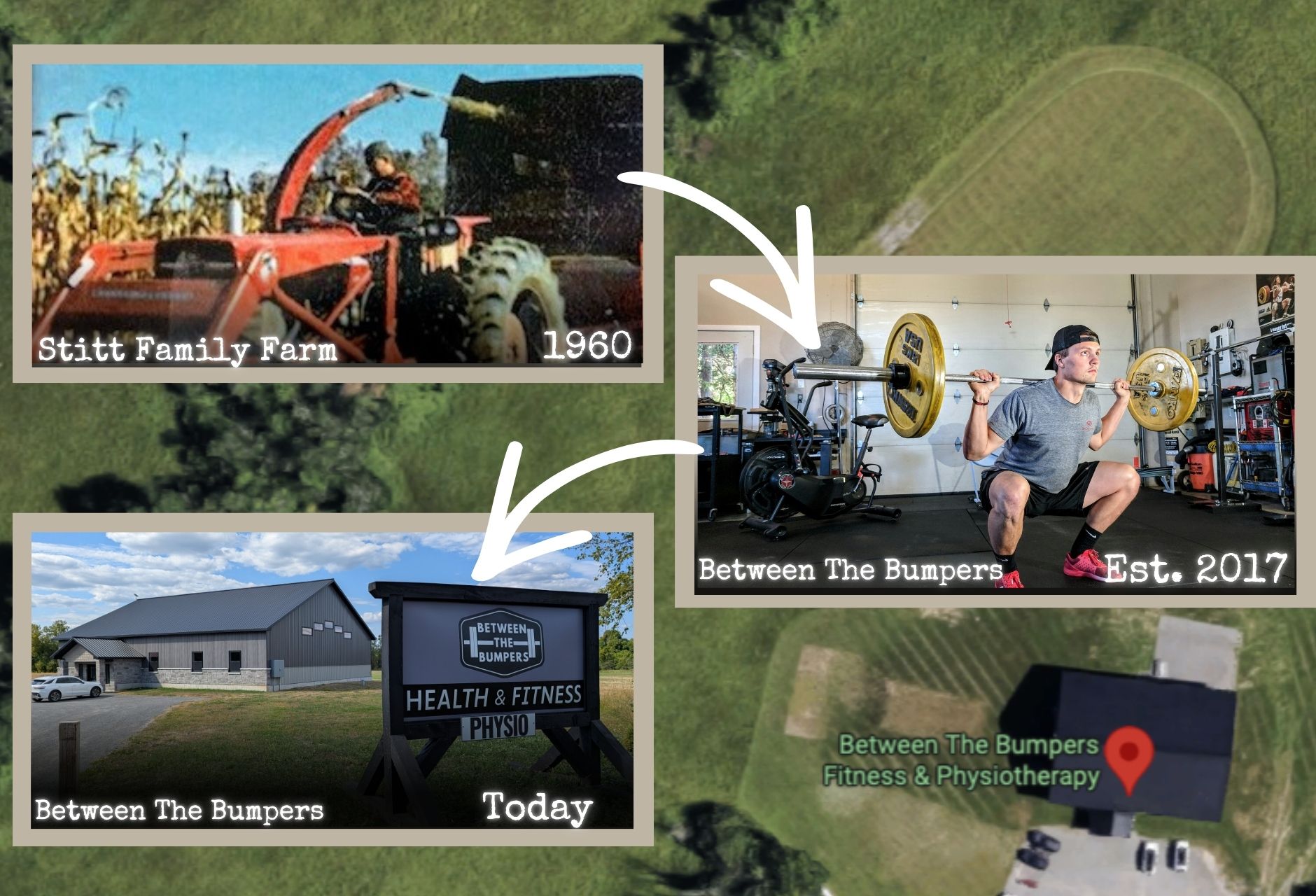The Stitt family farm in 1980, the first BTB barn in 2017, and the training centre today