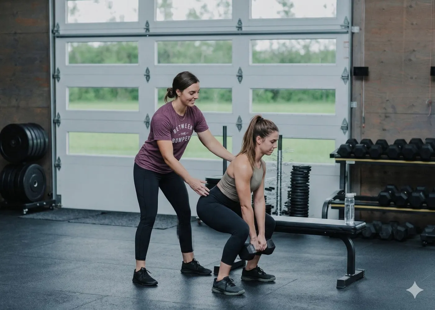 A coach working one-on-one with a client on the training floor at Between The Bumpers
