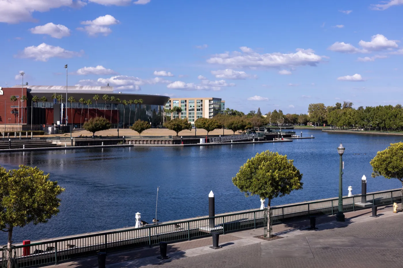 View of Stockton's downtown waterfront from outside the Waterfront Warehouse