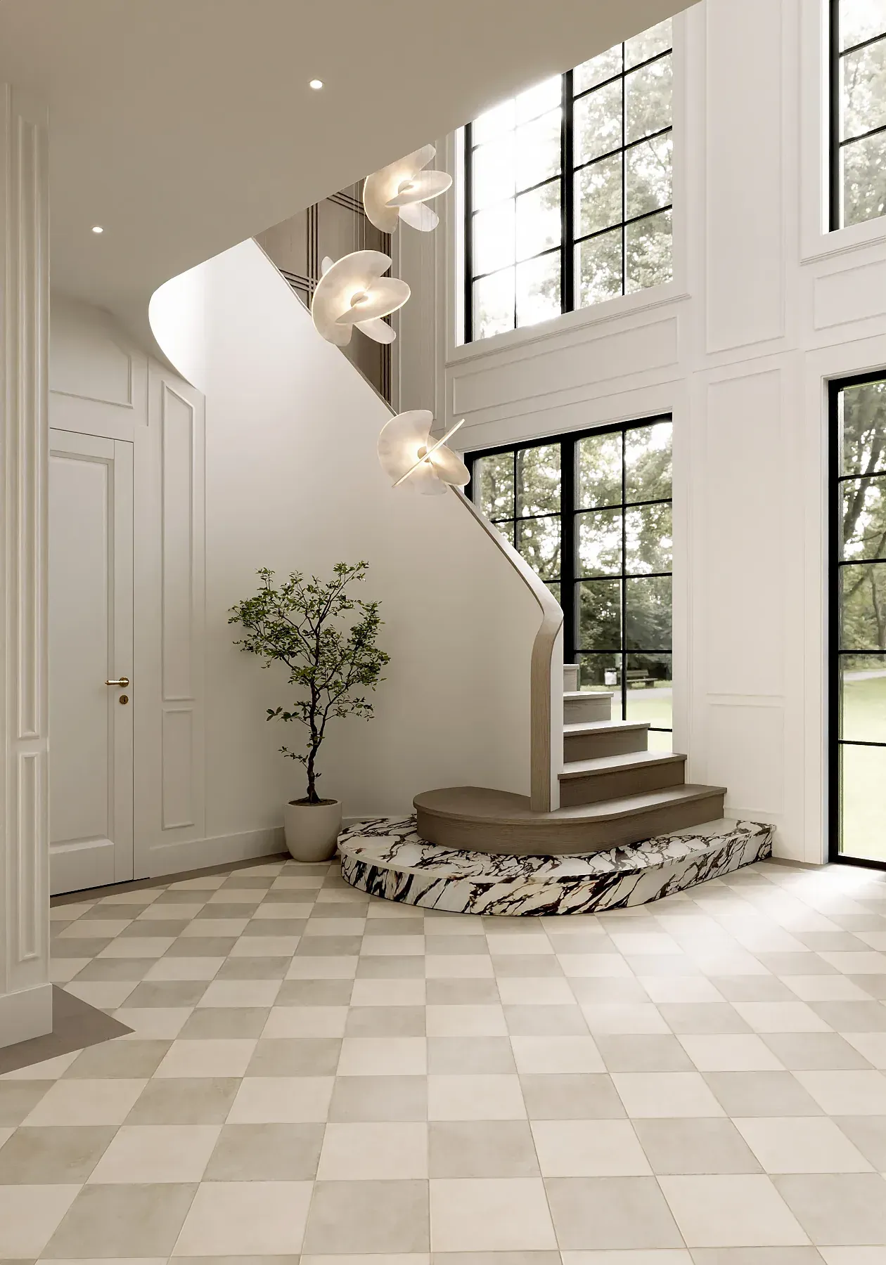 Staircase render: a curved white stair on a marble base over a chequered stone floor, a tree in the window