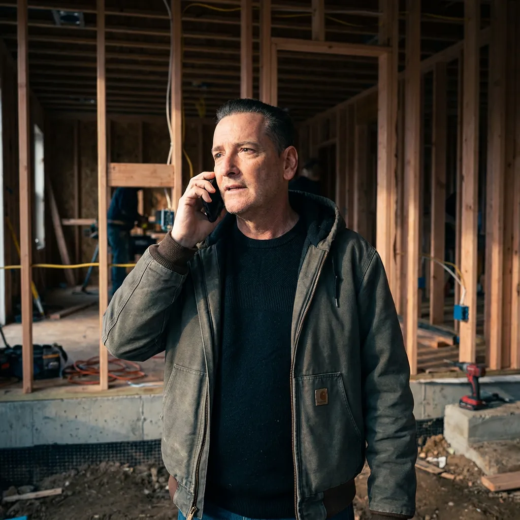 Lior Golan, founder of Prestige Custom Building & Construction, on the phone inside a home under construction
