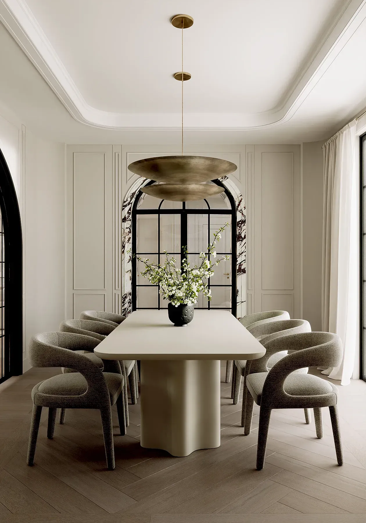 Dining room render for a Prestige project: sculpted stone table, curved chairs, a brass pendant and an arched window
