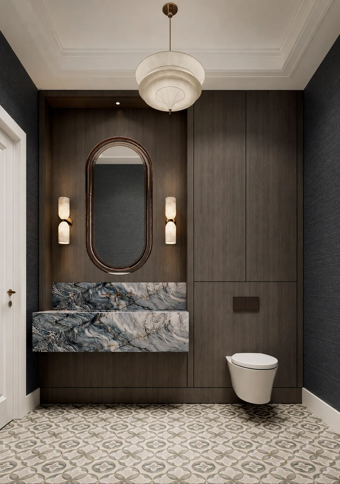 Powder room render: dark panelling, marble vanity and an arched mirror