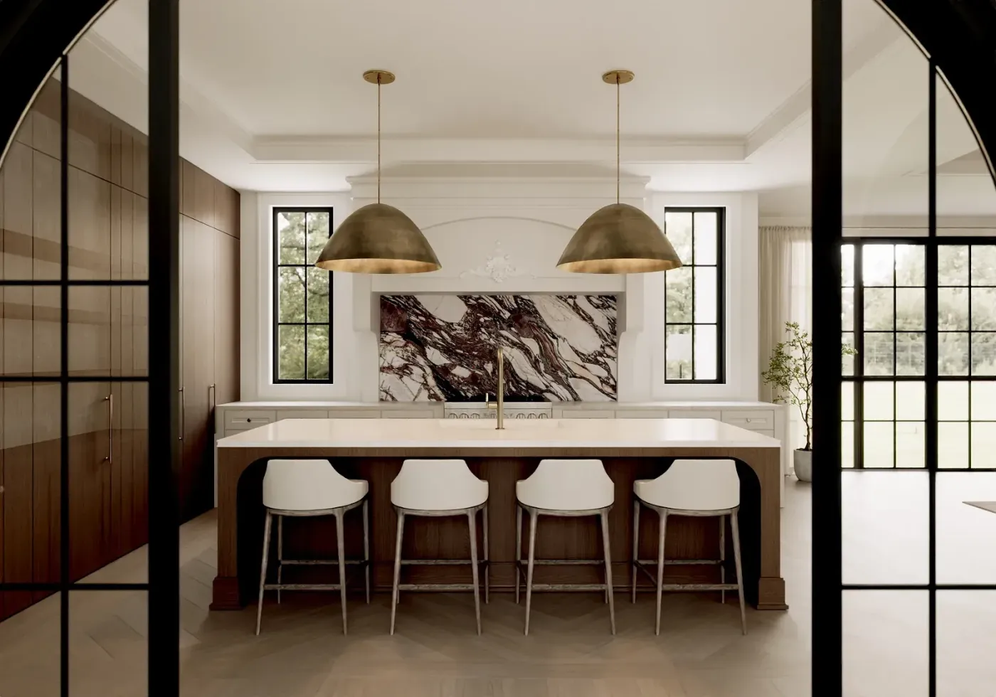 Kitchen render: white island, brass pendants and a marble backsplash behind black steel doors