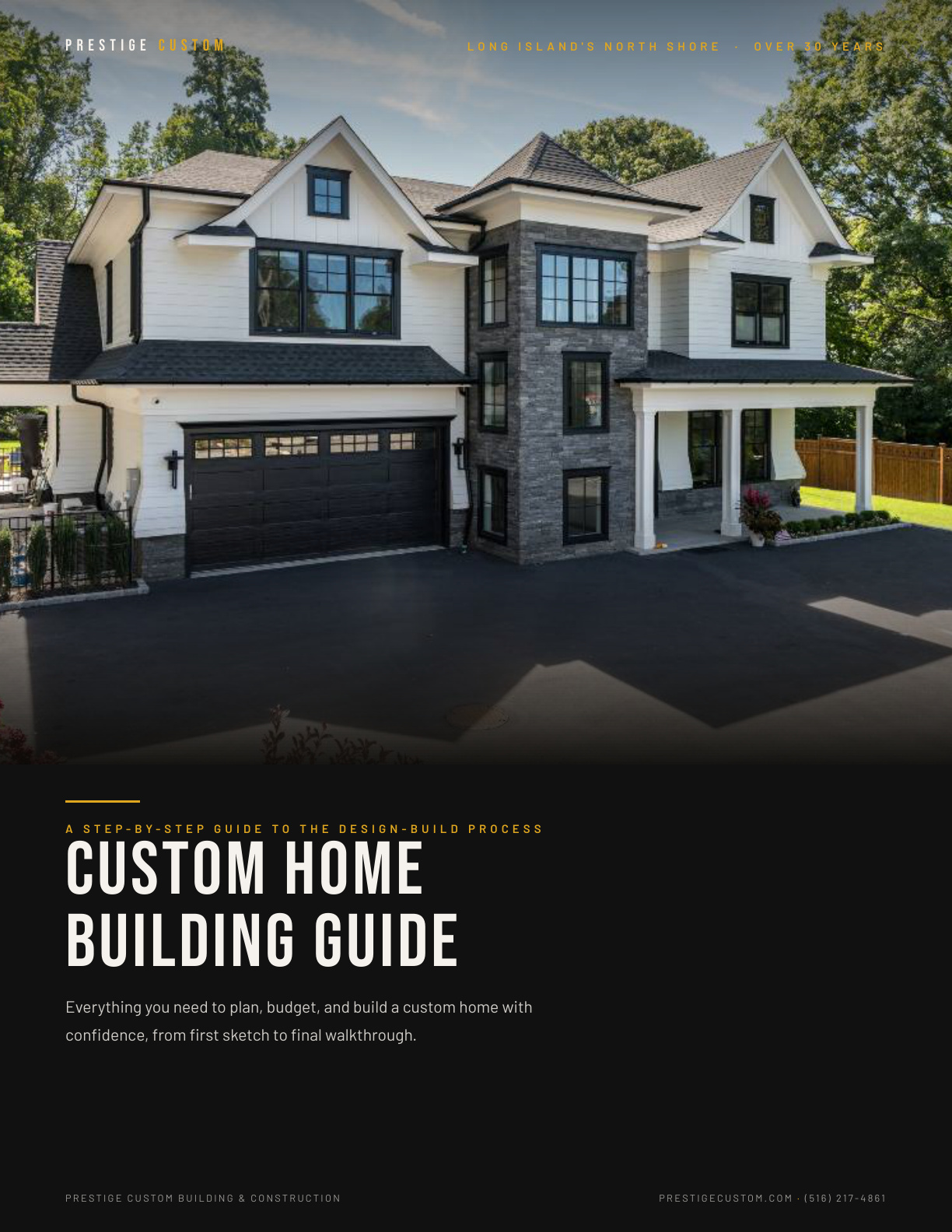 The cover of the Prestige Custom Home Building Guide: a step-by-step guide to the design-build process, over a completed Long Island home