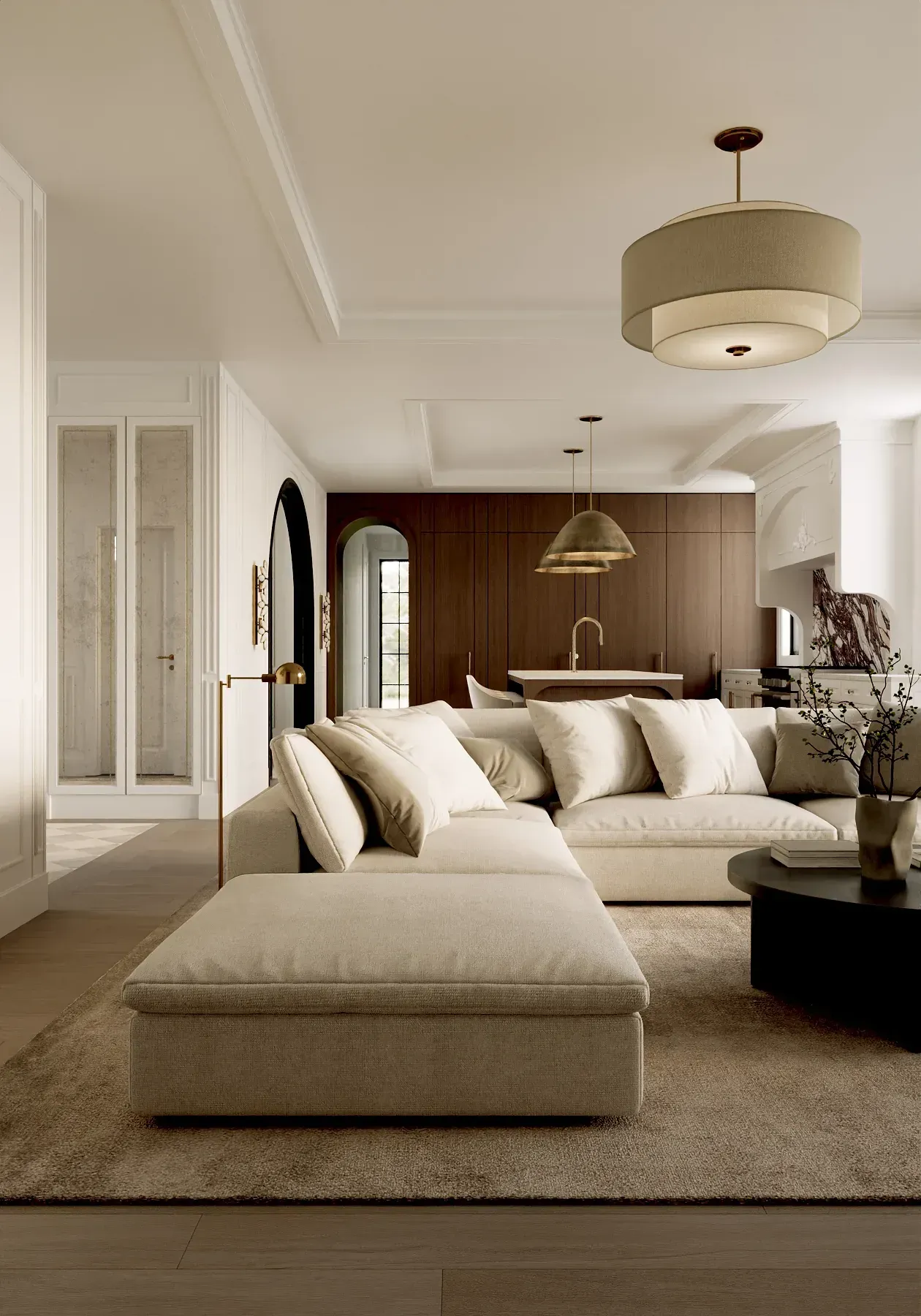 Living room render toward the steel window and the arched doorway