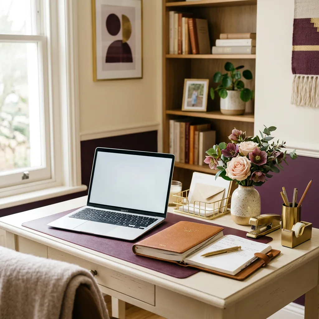Elegant home workspace with laptop, planner and flowers