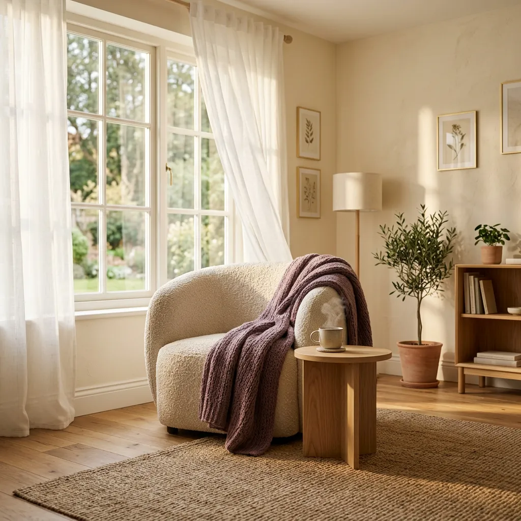 Calm sunlit living room with armchair and throw
