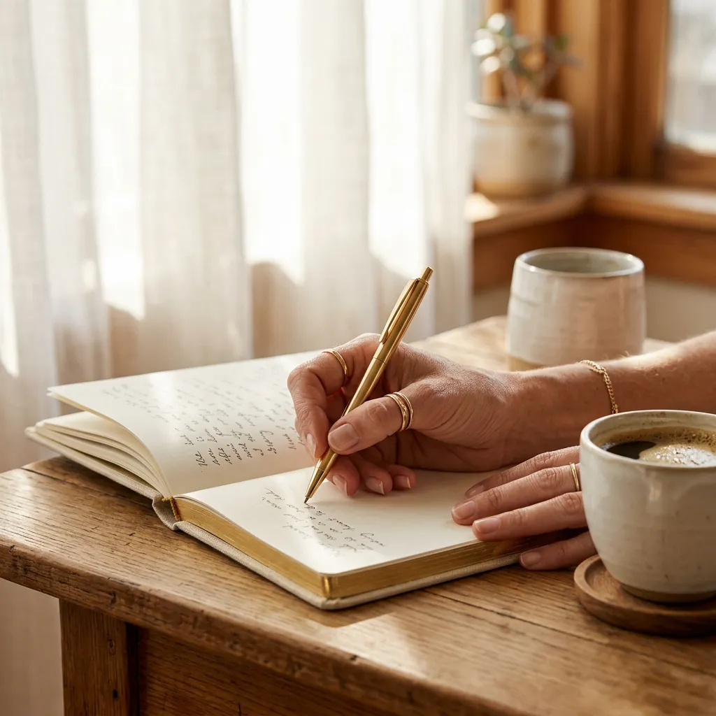 Hands writing in a journal in soft morning light