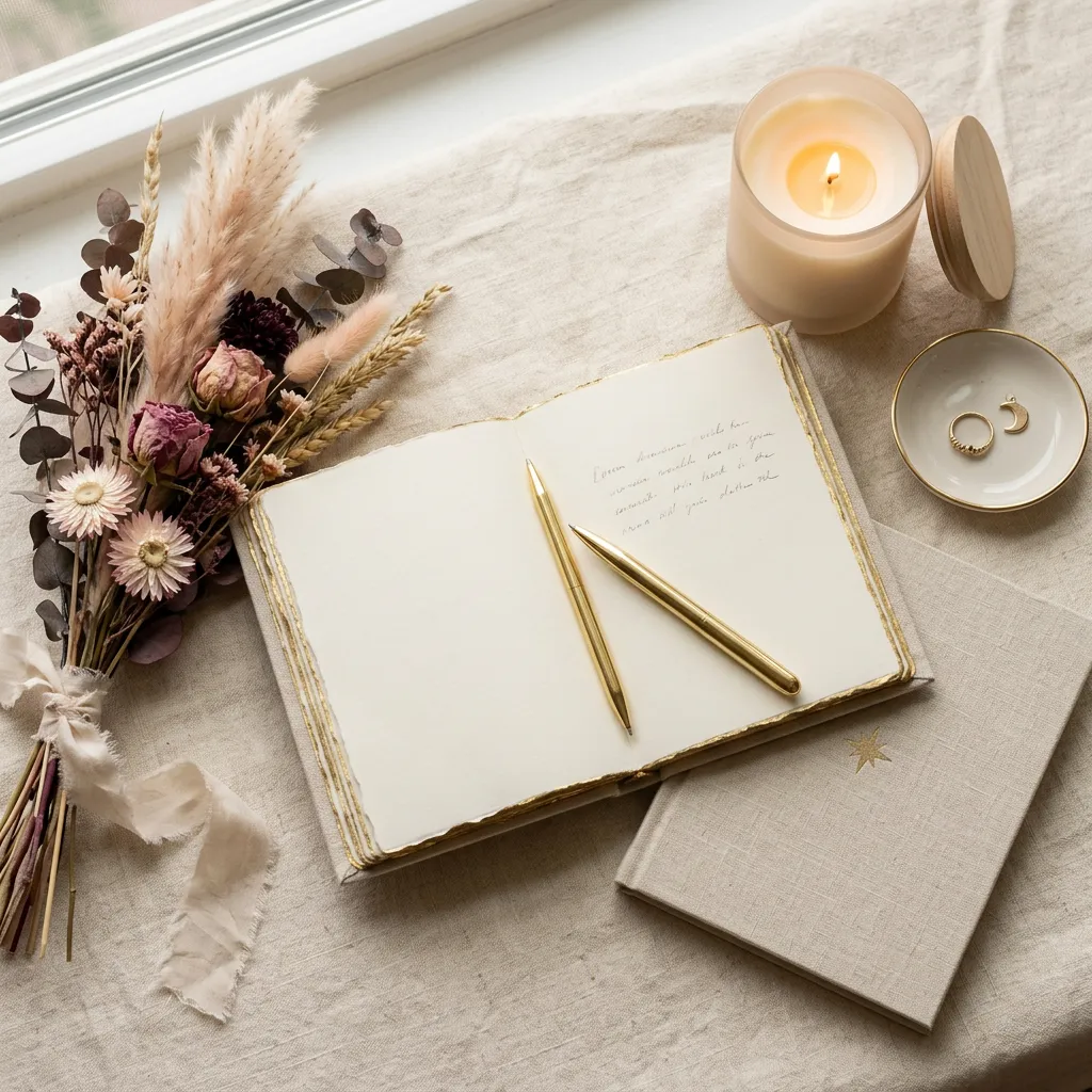 Gold-edged journal with dried flowers on linen