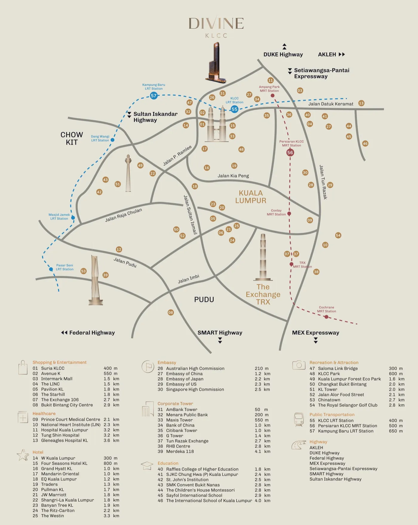 Developer location map with numbered destination legend, Divine KLCC, artist's impression