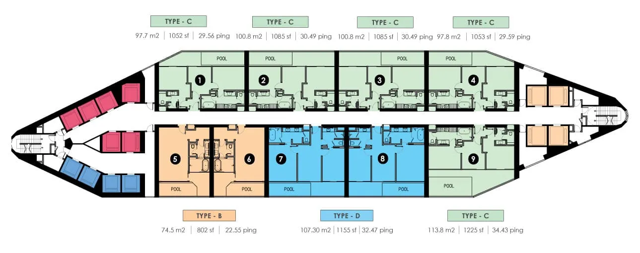 Levels 39 to 45: nine suites a floor, Royal Lexis