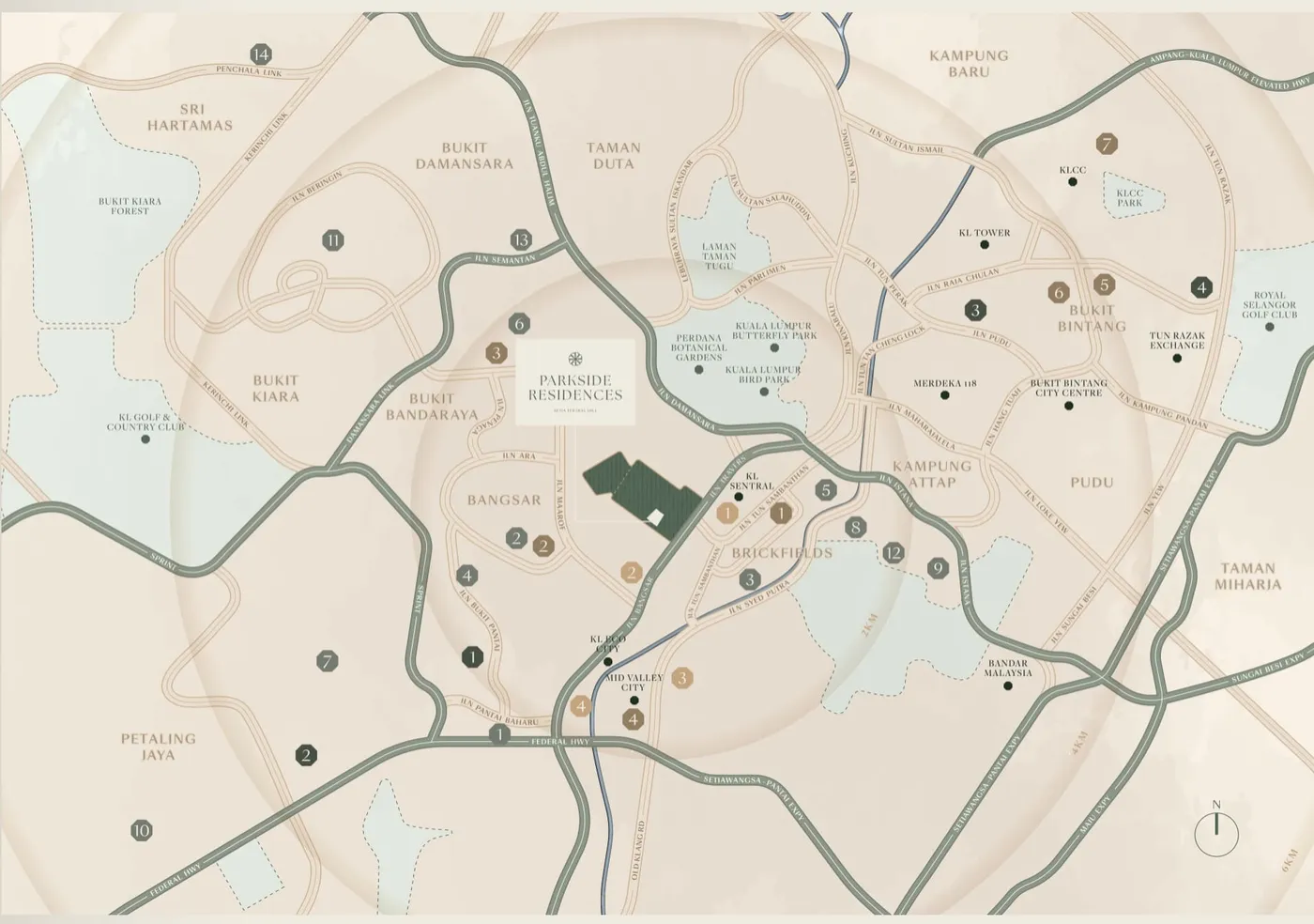 Map of nearby landmarks and roads, Parkside Residences, artist's impression