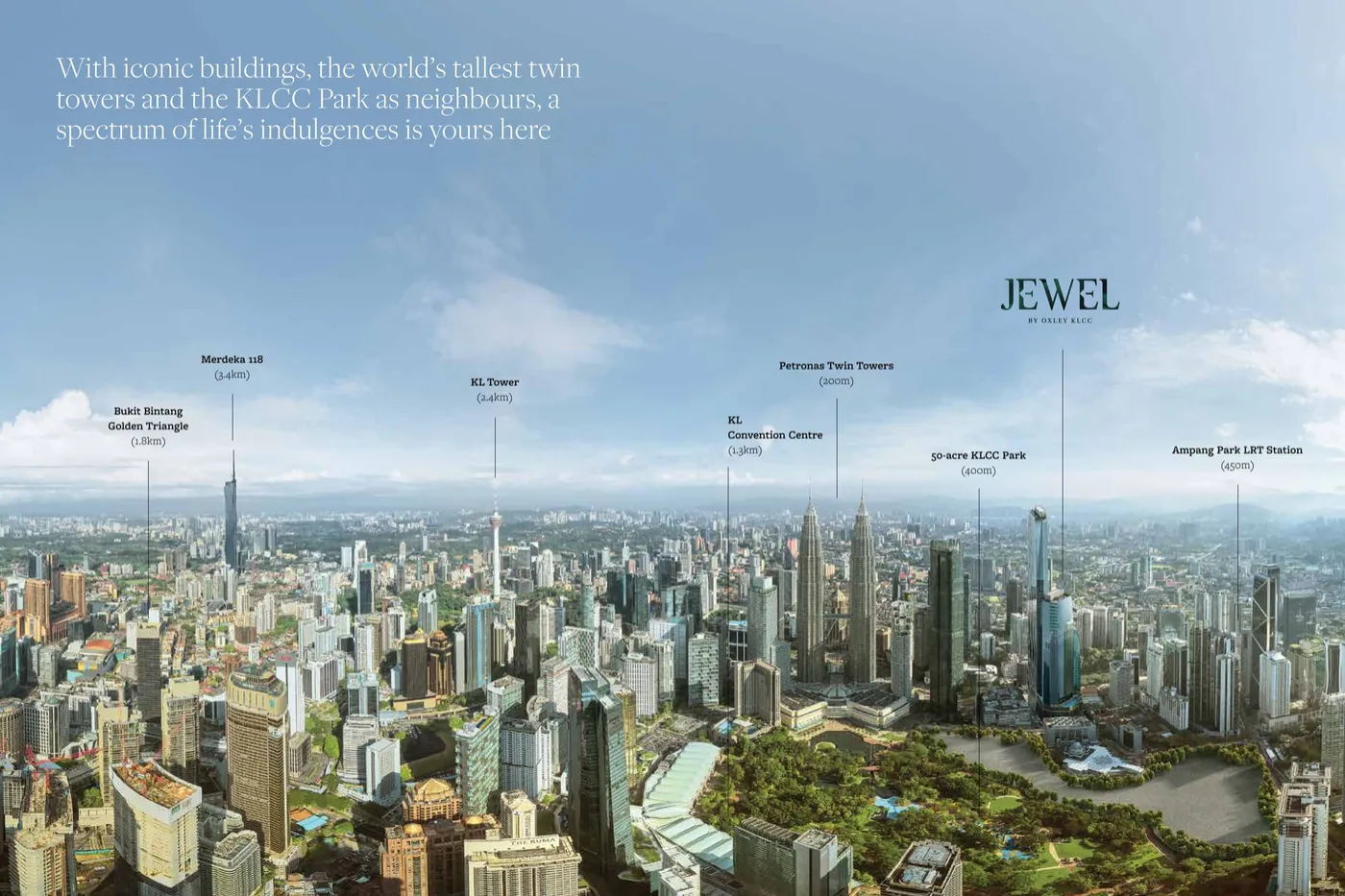 Skyline view with landmark distances, Oxley Towers, artist's impression