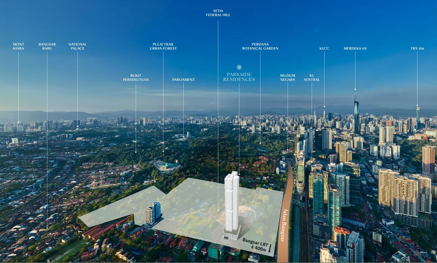 The site and the city skyline from above, Parkside Residences, artist's impression