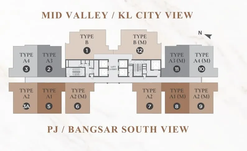 Typical floor and which way each layout faces, River Park