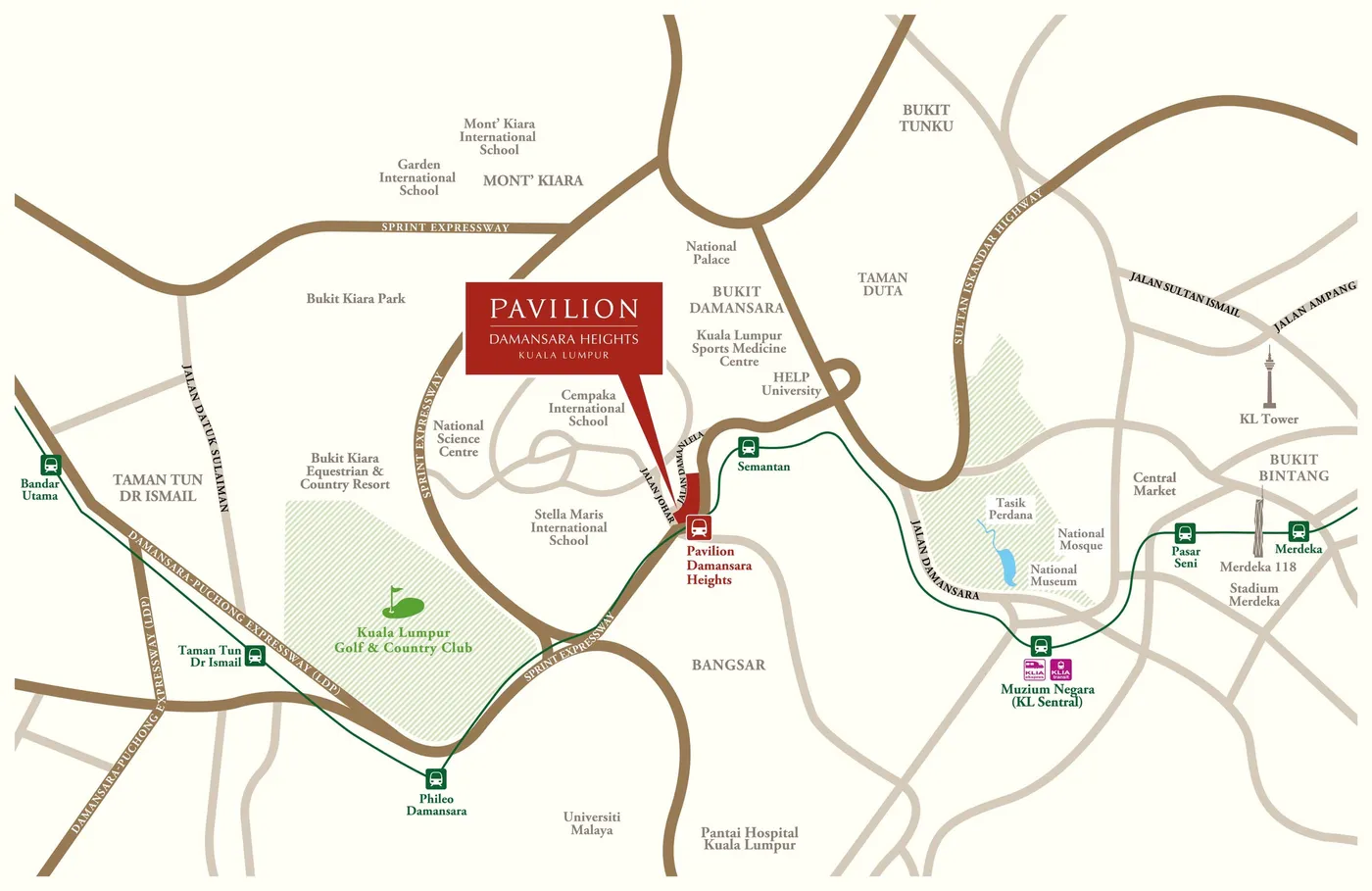 Developer's location map with the Kajang line, Pavilion Damansara Heights, artist's impression