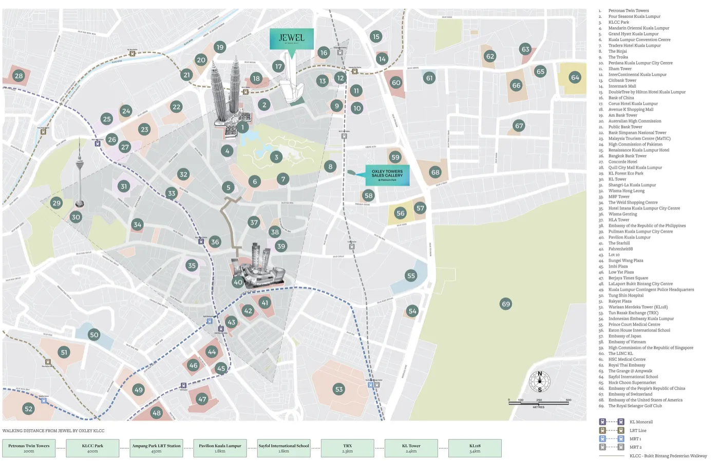 Developer's location map with numbered landmarks, Oxley Towers, artist's impression