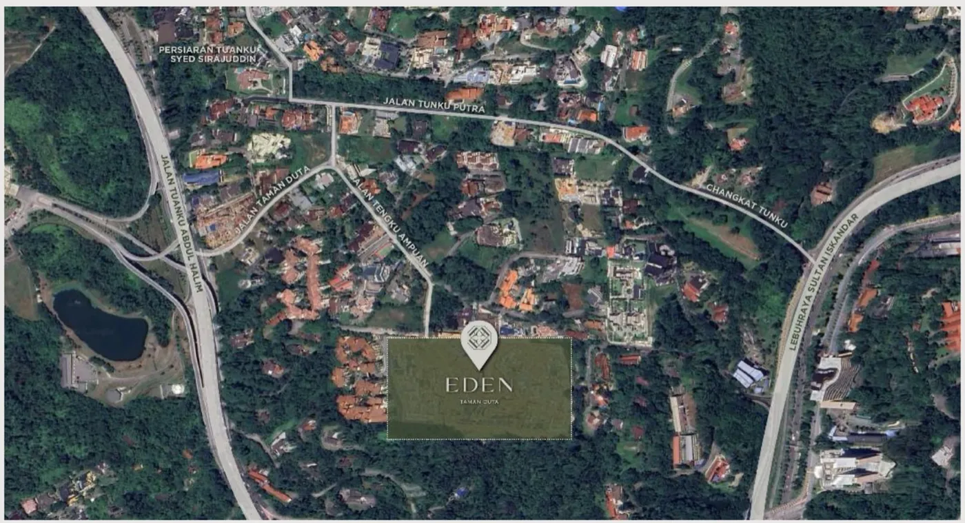 The 12.25-acre site from above, The Eden, artist's impression