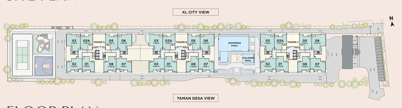 Site plan: the city view is to the north, Taman Desa to the south, The Atas