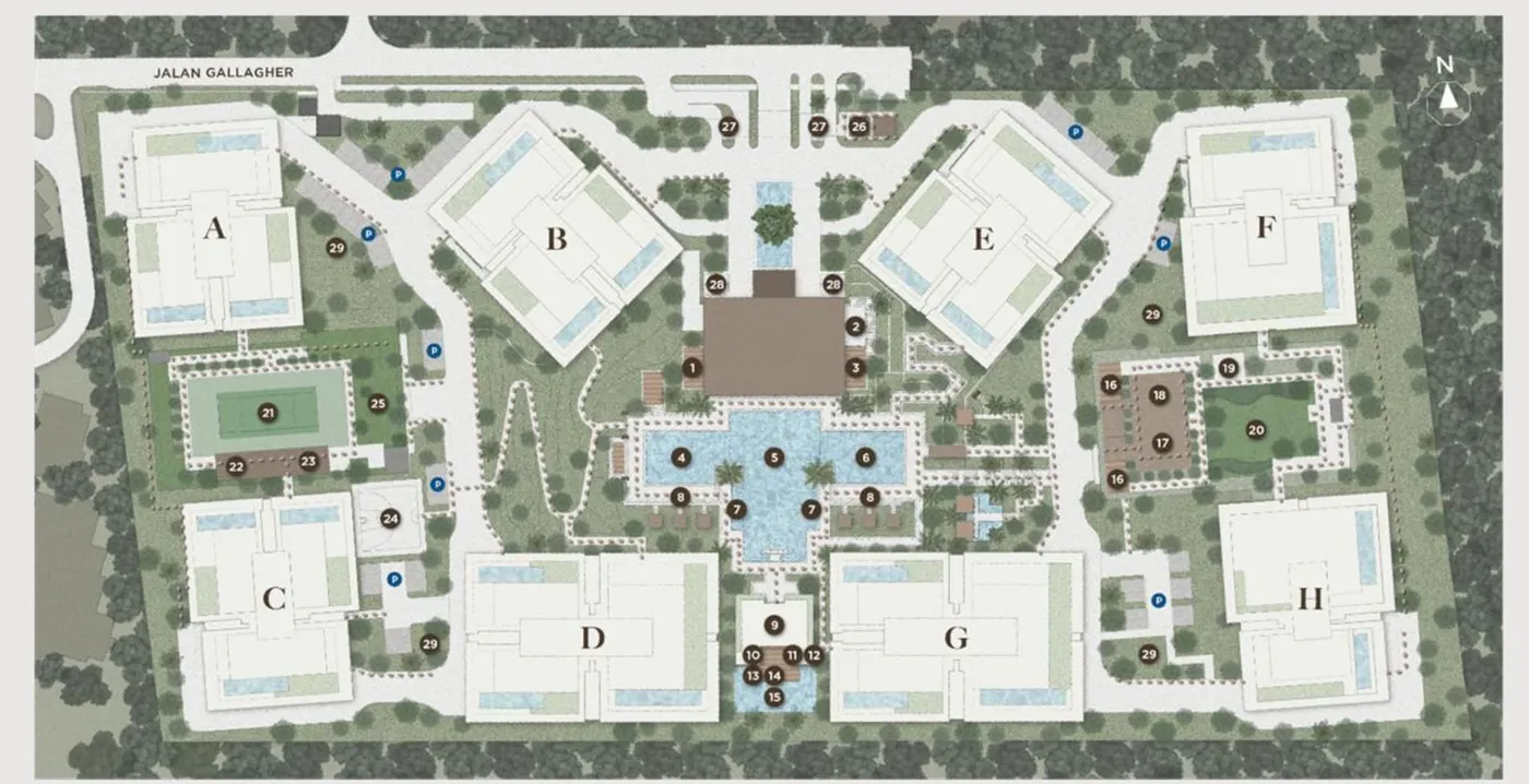 Site plan of the blocks and four pavilions, The Eden, artist's impression
