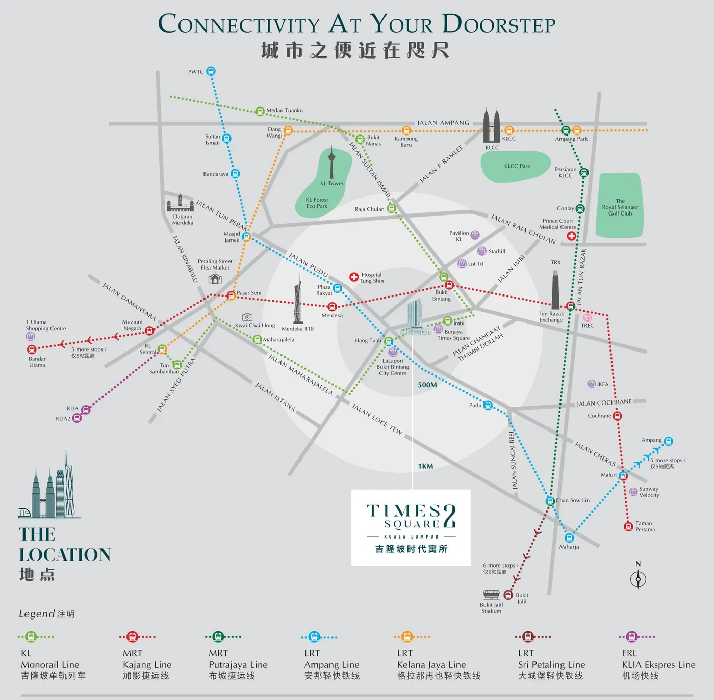Site map showing rail lines and 500 m, 1 km rings, Times Square 2, artist's impression