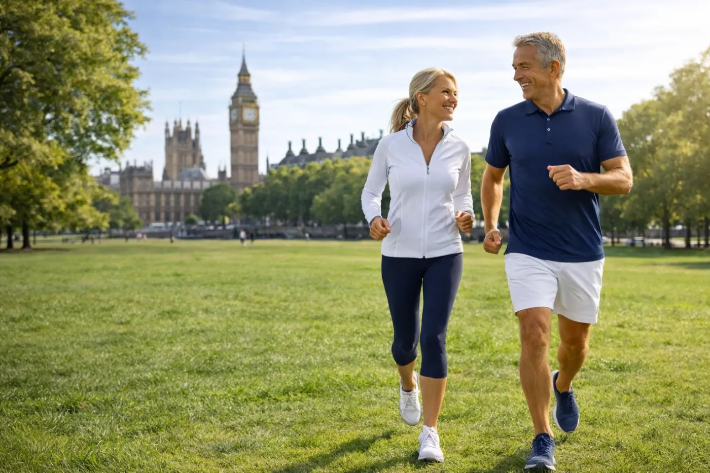 A couple jogging together in a London park