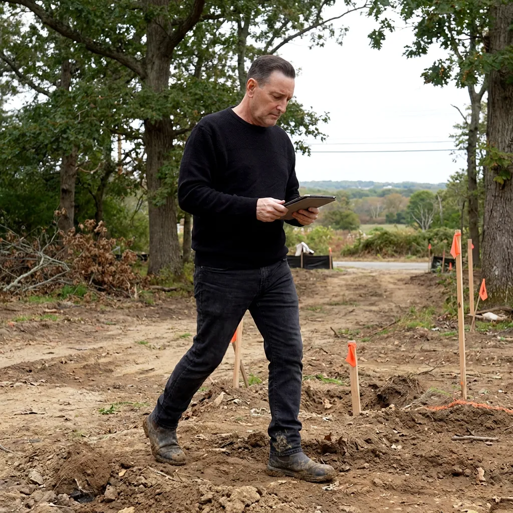 Lior Golan walking a staked lot on Long Island with a tablet during a site investigation