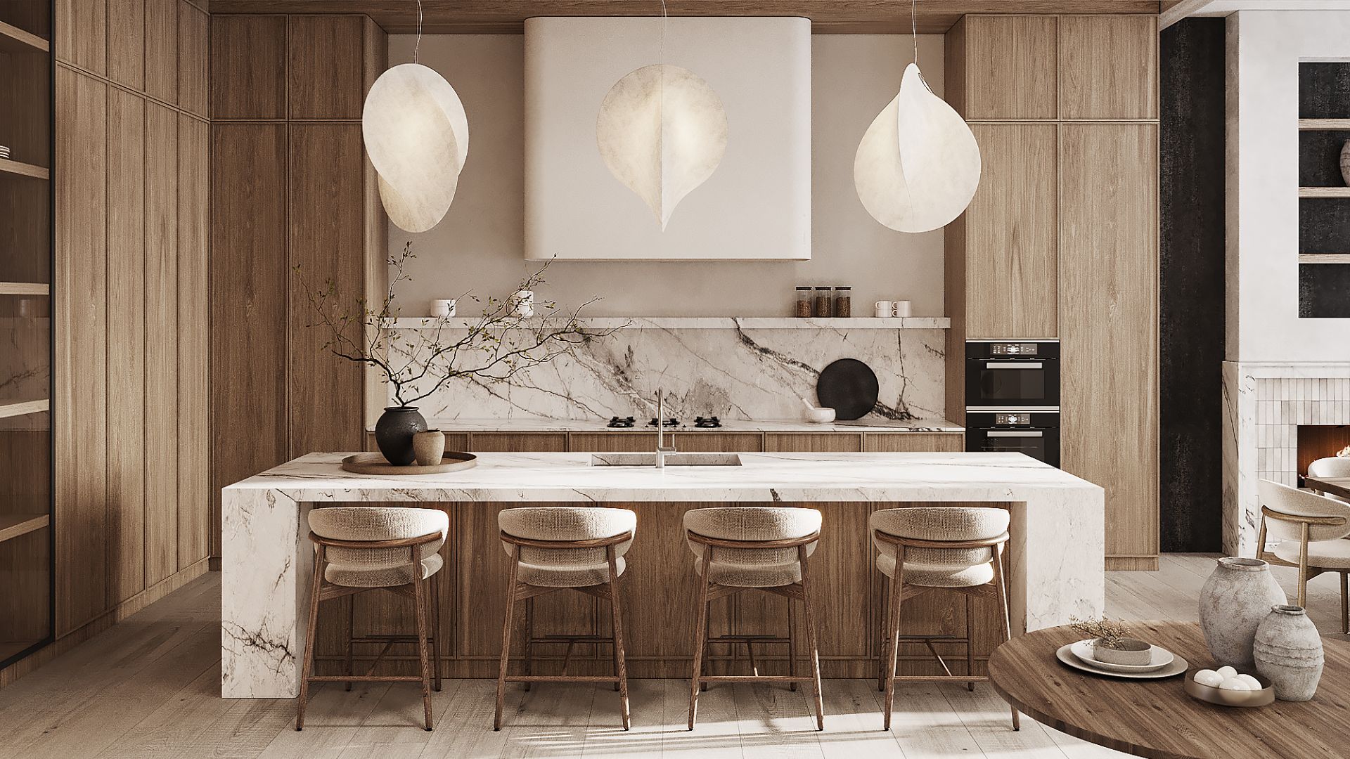 Kitchen render: walnut cabinetry, a marble island with four stools and three paper pendants