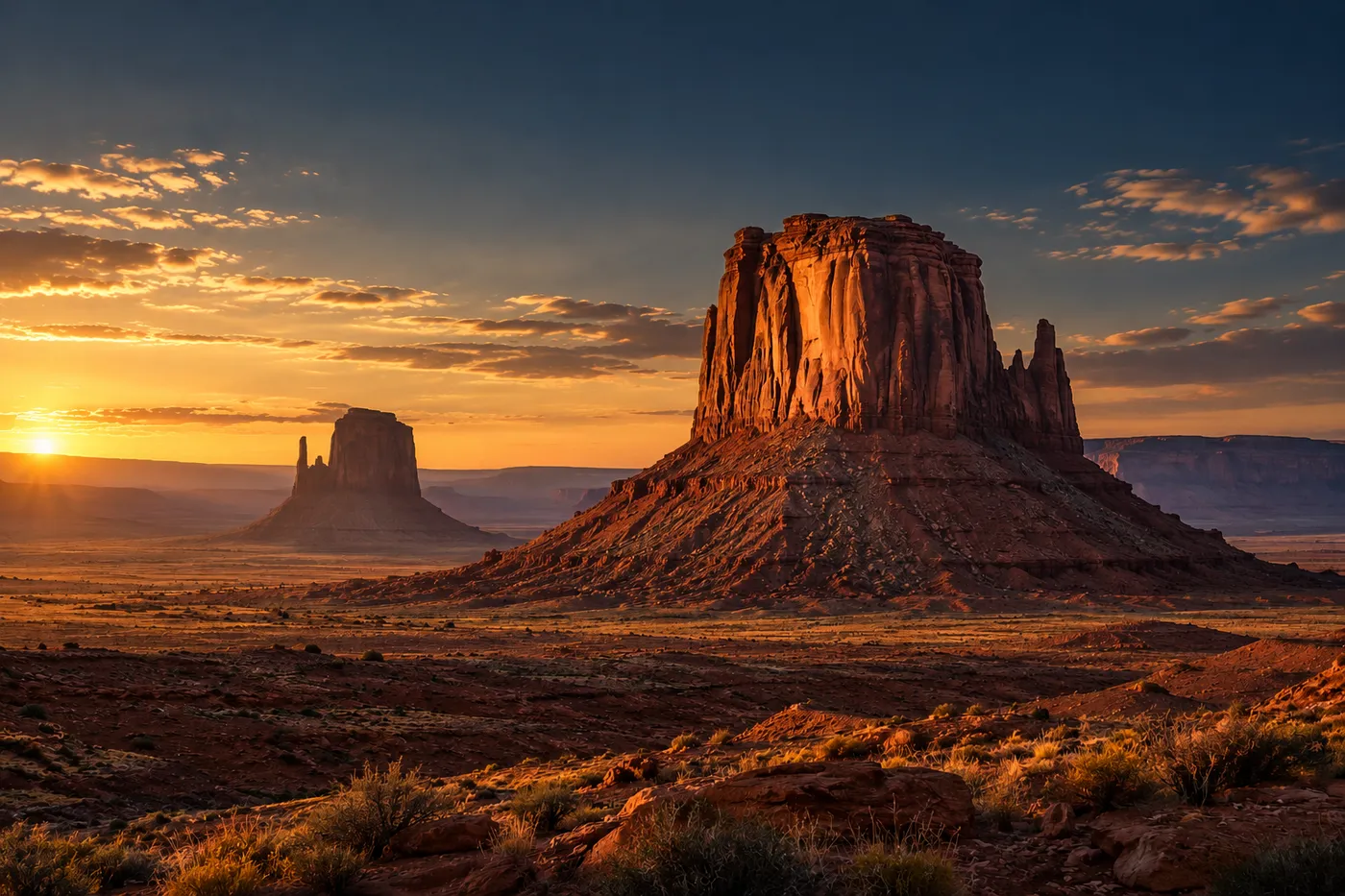 Red sandstone butte in a desert valley at golden hour